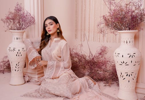Elegant woman in a beautifully embroidered dress surrounded by decorative vases and dried flowers.